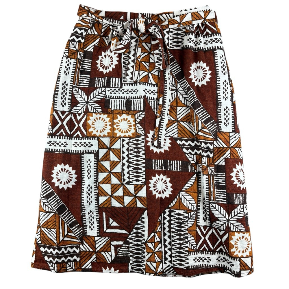 Vintage 1970s Brown Orange White Geometric Pattern Wrap Midi Skirt Size MEDIUM